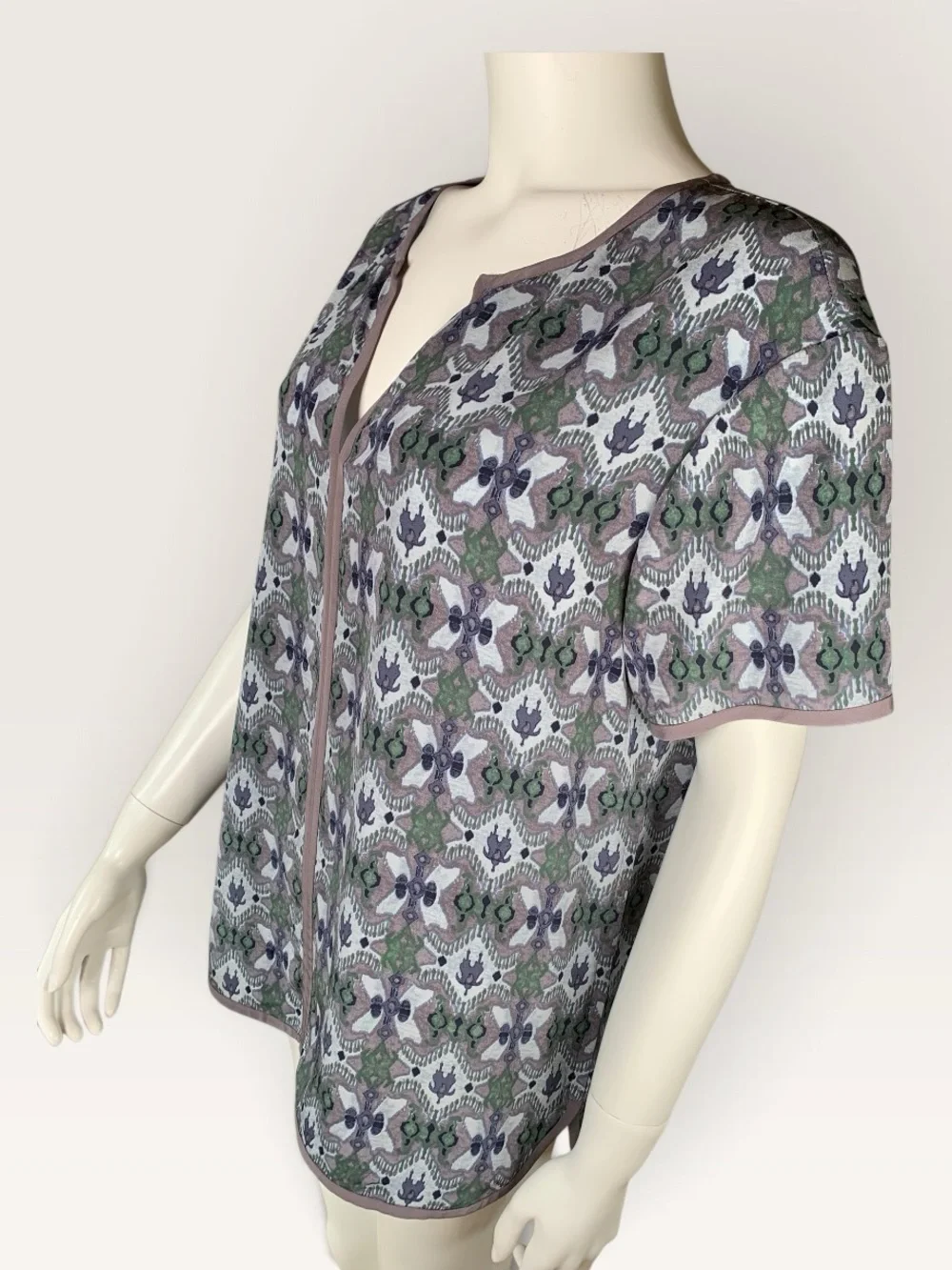 Tory Burch 100% Silk Ikat Print Blouse Size 10 Green Blue Gray